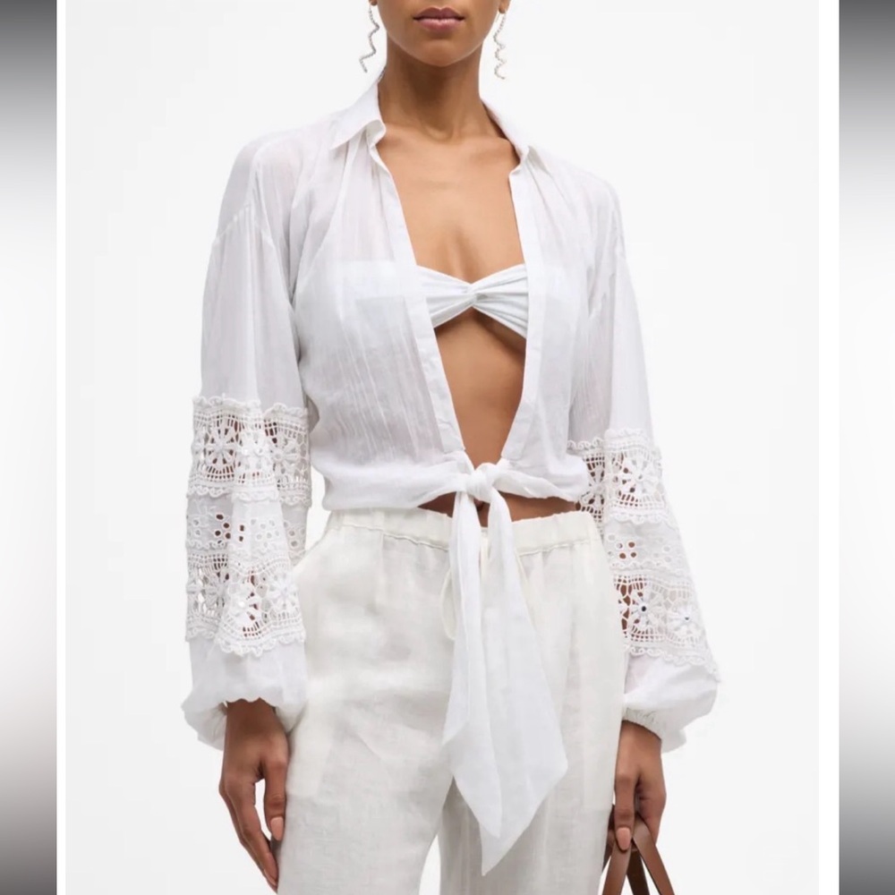 NWT Ramy Brook $265 White Crochet Sleeve Shirt Size Small